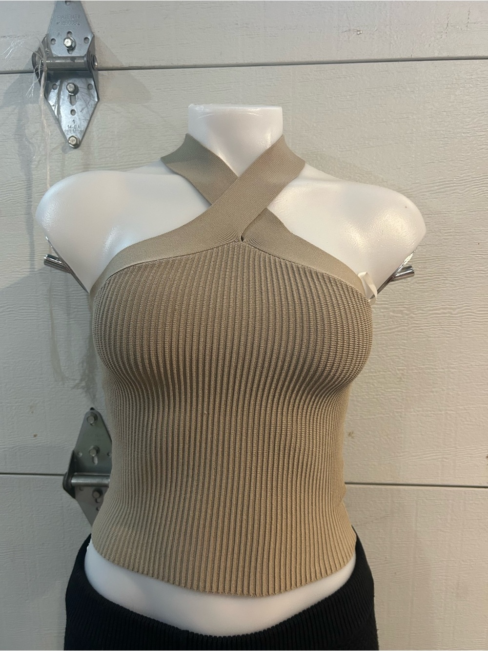 Babaton Cross-Halter Ribbed Tank Top - Beige